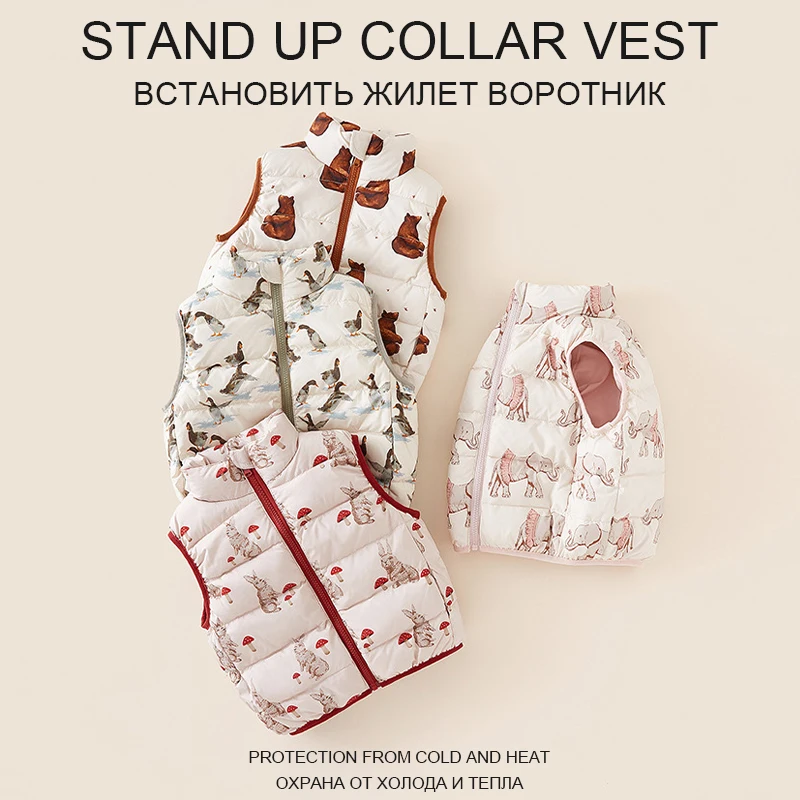 

Autumn Winter Children's Down Vest Cartoon Animal Print Outer Wear Cold Proof And Warm Standing Collar Boys And Girls Down Coat