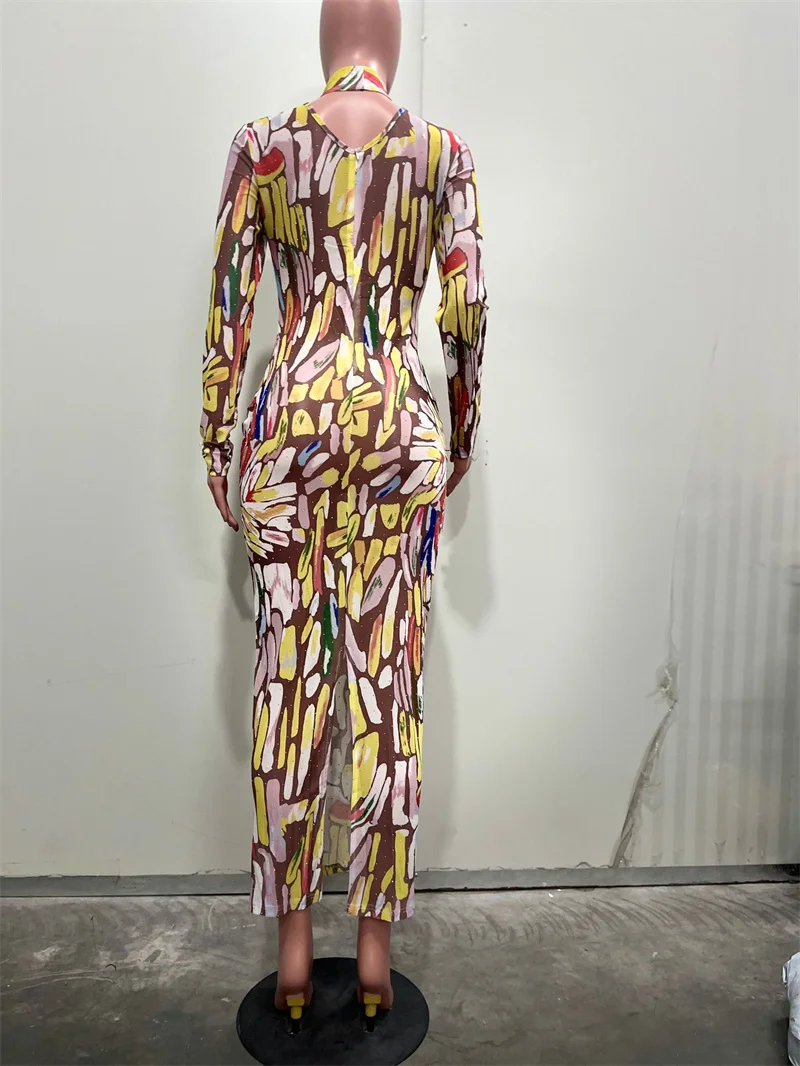 فستان ماكسي ضيق مطبوع عليه ربطة عنق ملونة من Doyerl فستان نسائي طويل الأكمام غمد نحيف قابل للتمدد للحفلات والنوادي فساتين طويلة Ropa De Mujer