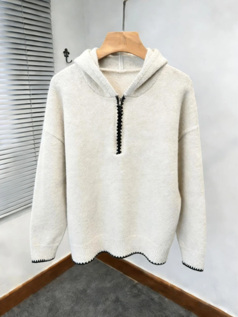 

Американский свободный вязаный худи на молнии для осени и зимы, повседневный, модный, в стиле кэжуал, с длинными рукавами