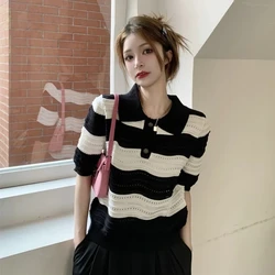 POLO Hollow Out Breathable Short Sleeve T Shirt Knit Striped Crop Top Aesthetic Clothing Summer Blouses For Women