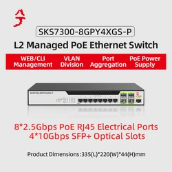 XikeStor 12 Port 2.5G L2 Managed PoE Switch 8 2.5G RJ45 & 4 10Gbps SFP+ Ports WEB/CLI Management Port Aggregation VLAN Division