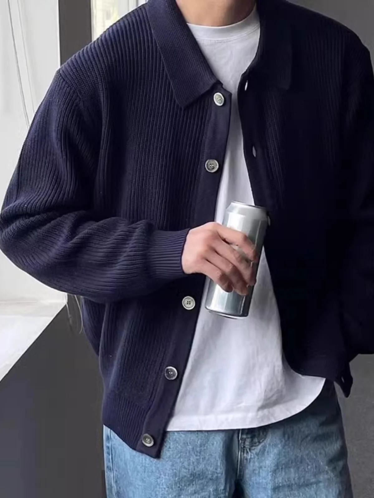

Autumn Winter New Sle Men's Knitted Open Cardigan Loose Casual Loose Collar Faionable Korean Loose Sweater Jaet