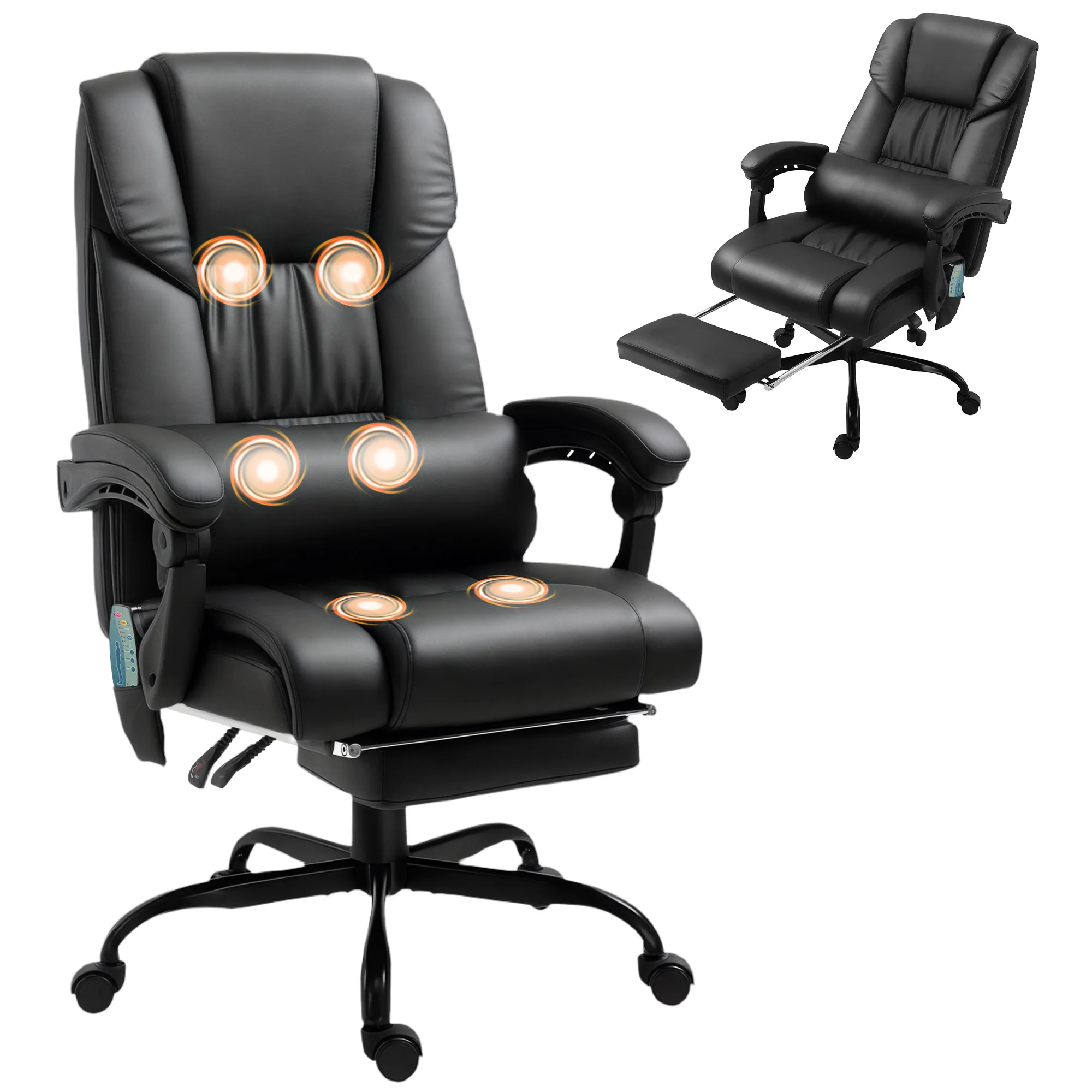 Vinsetto High Back Massage Office Chair with 6 Vibration Points, PU Leather Reclining Computer Chair, Ergonomic Desk Chair with Footrest Adjustable Height and Remote, Black