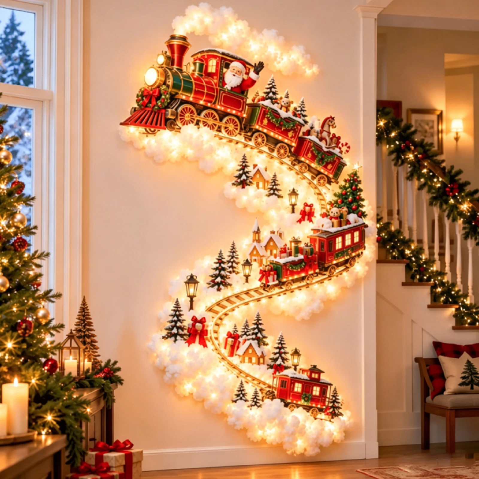 Christmas Magic Trail Wall Light LED Glowing Scene Wall Decoration Santa Sleigh Reindeer Hanging Party Warm White Glow Decor - view 2