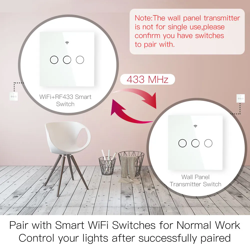 ワイヤレス壁ガラスパネルRf433 mhz,リモコン付き送信機スイッチ,wifi,スマート粘着スイッチ受信機で動作