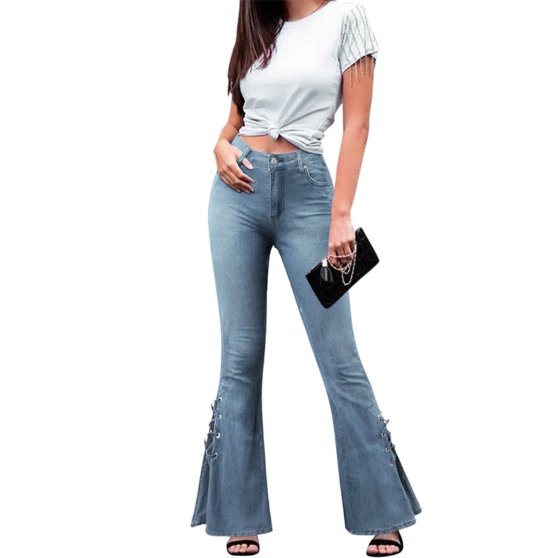 Lamuusaa y2k Jeans Women Casual Solid Color Tie Up High Waist Denim Flared Pants Bell Bottoms Trousers 2000s Clothing Streetwear