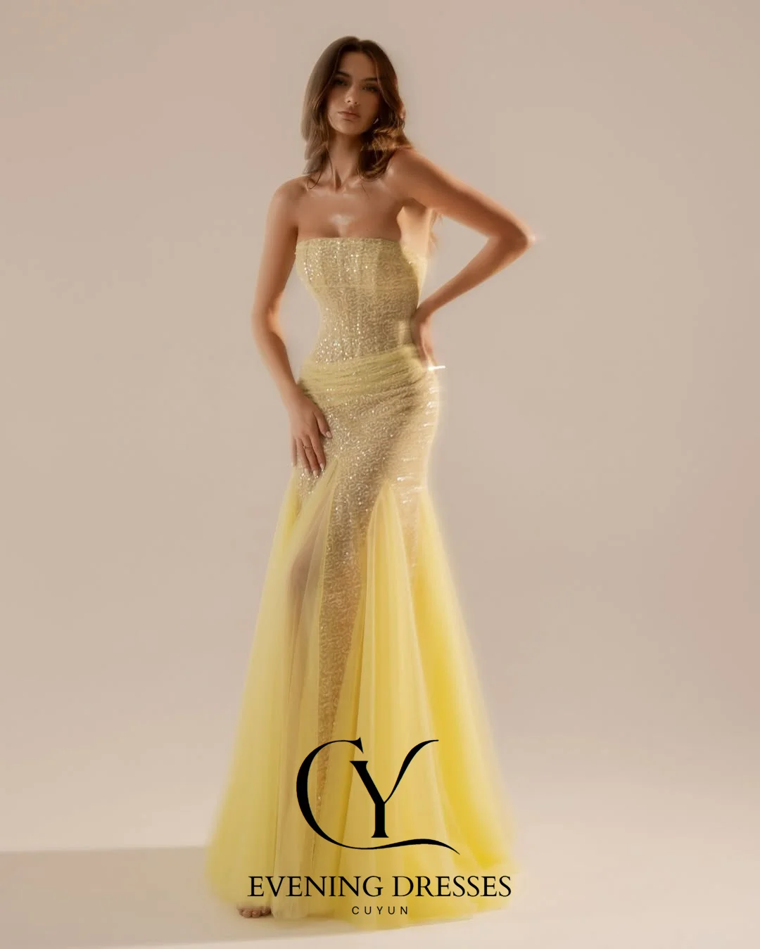 CUYUN 2025, luxuriöse Damen-Partykleider, elegante Meerjungfrau, Pailletten und Tüll, gelbes Abendkleid, individuelle Geburtstags-Abschlussballkleider