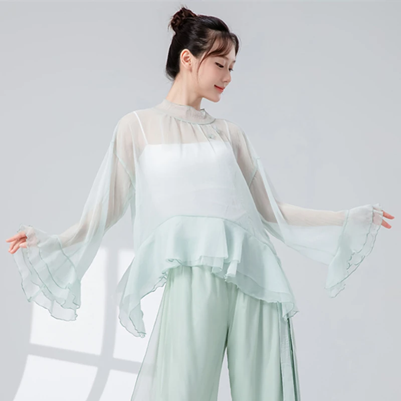 Top da danza classica da donna strati con volant barchette manica svasata camicia trasparente collo elegante abiti da pratica camicetta da performance Hanfu