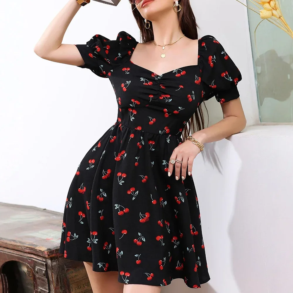 CPSYMYM 드레스 봄 여름 한국 달콤한 체리 인쇄 퍼프 슬리브 연인 목 여성을위한 a 라인 미니 휴가 드레스