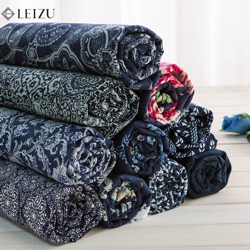 

0.5/1/2M Blue Cotton Linen Printed Fabric Vintage Pattern Fabrics for Decorate Clothing,Tablecloths,Curtains DIY Sewing Material
