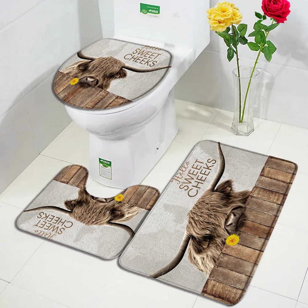 Funny Highland Cattle Shower Curtain Set Farm Cow Yellow Flower Brown Wood Board Bathroom Decor Non-Slip Rug Bath Mat Toilet Lid