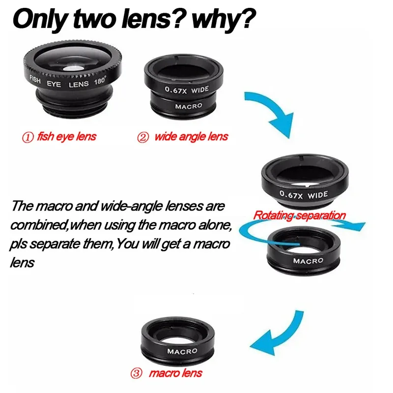 ชุดเลนส์โทรศัพท์ 3 in 1 พร้อมเลนส์มุมกว้าง เลนส์ตาปลา เลนส์มาโคร ติดโทรศัพท์สำหรับ iPhone Samsung Huawei Xiaomi Moto Google