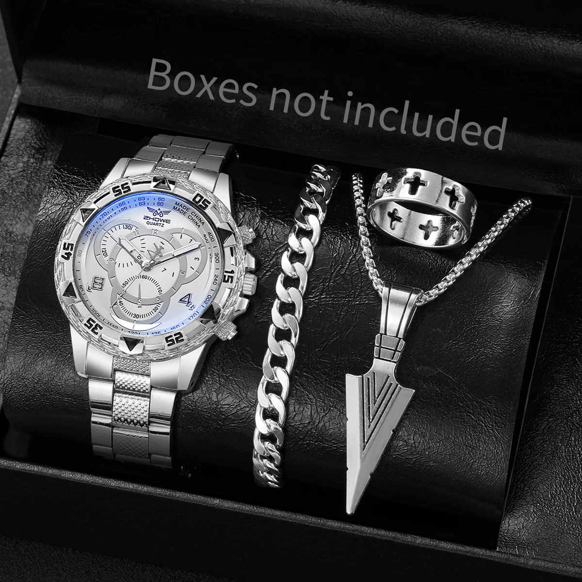 4 개/대 패션 남자 쿼츠 시계 럭셔리 대형 다이얼 남성 비즈니스 손목 시계 남성 시계 쥬얼리 세트 Reloj Hombre (상자 없음)