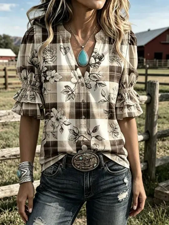 Women Plaid Floral Blouse Notched V‑Neck Button Front Double‑Layer Ruffle 3/4 Sleeve Cowgirl Farm Casual Loose Shirt Top