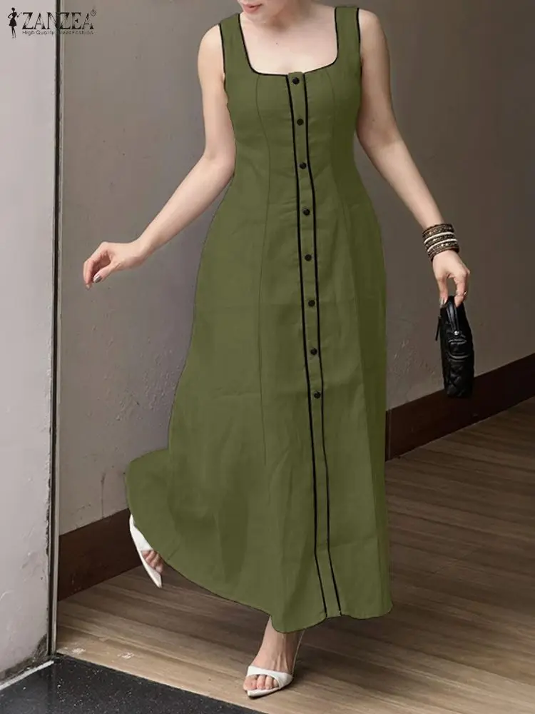 2023 sommer Kleid ZANZEA Frauen Stilvolle Ärmellose Urlaub Sommerkleid Elegante Square Neck Party Kleider Robe Femme EINE Linie Vestidos