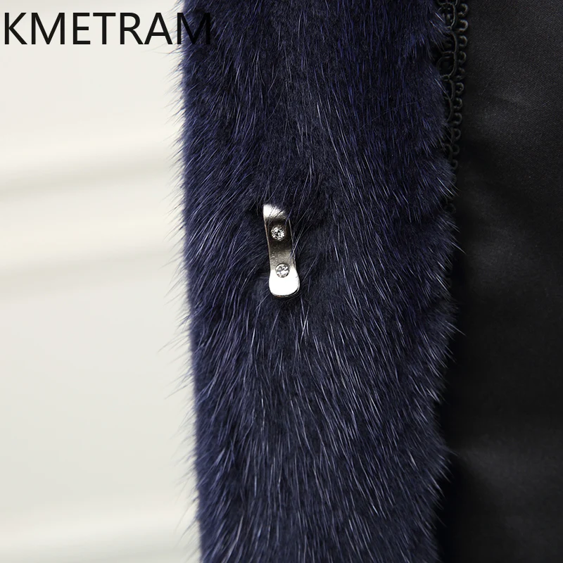 سترة KMETRAM 100% من فرو المنك الطبيعي بالكامل للنساء باللون الأزرق الداكن معطف طويل من الفرو الحقيقي مع غطاء محرك السيارة معاطف شتوية لعام 2025 ملابس نسائية