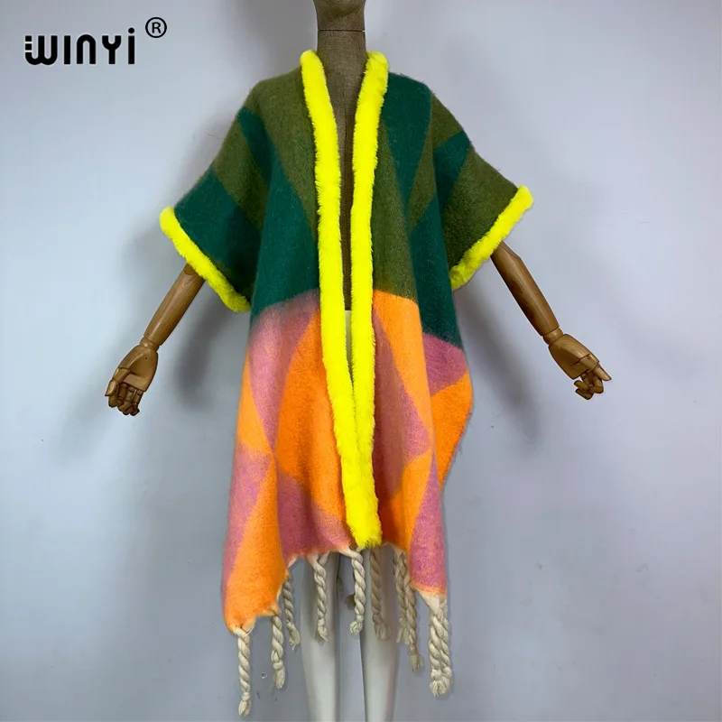 WINYI Winter Africa fashion cloak Women High Quality poncho tassels Luxury Loose OverCoat Thick Warm Female maxi coat jacket