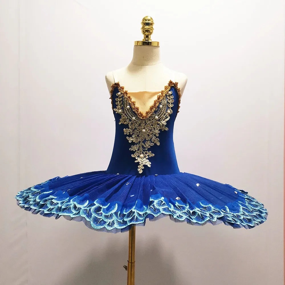 Saias tutu de balé azul para bailarina, trajes de performance do lago dos cisnes, panqueca, roupa de dança