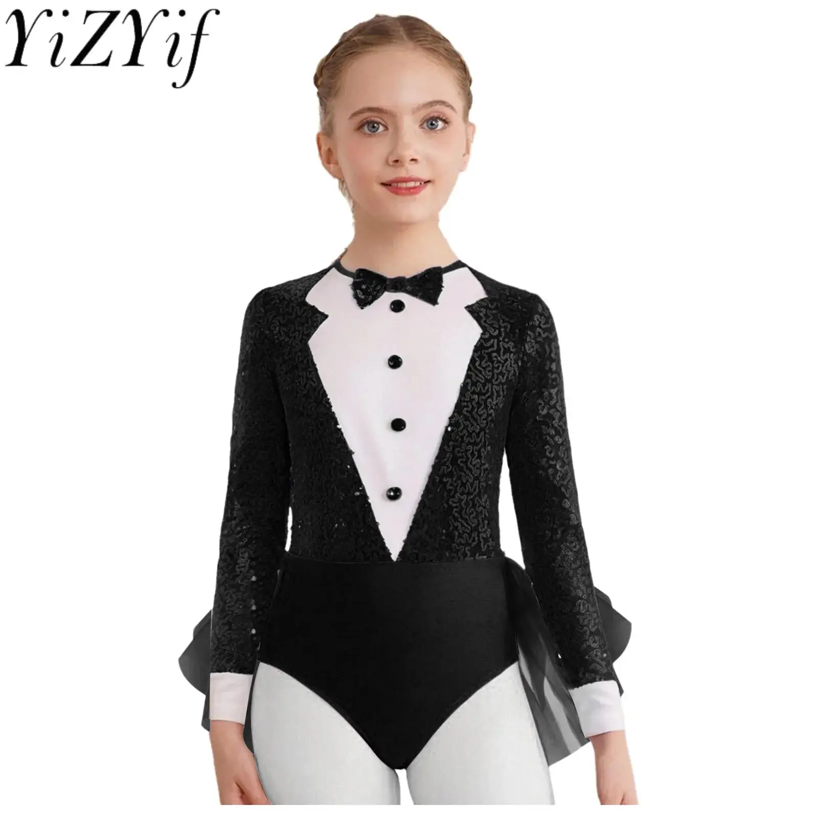 

Kids Girls Jazz Modern Waltz Dance Performance Leotards Costume Sparkly Sequins Tulle Skirted Bodysuits for Modern Dancewear