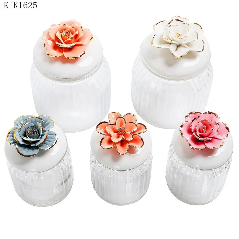 Nordic Gold-painted Flower Glass Sealed Jar Holiday Party Gift Box Small Objects Jewelry Storage Box Countertop Home Decoration