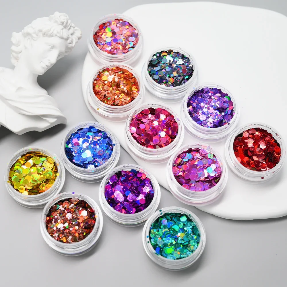 24 Colors/set Holographic Chunky Glitter Nail Powder Laser Flakes Chunky Hexagon Pet Nail Glitter Sparkly Hexagon Flakes