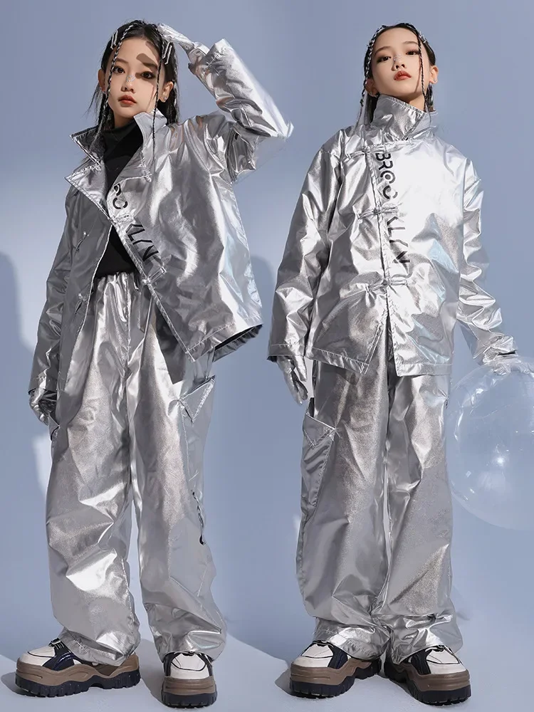 Abbigliamento Hip Hop per ragazzi Top con paillettes argento Pantaloni corti argento per ragazze Abiti per costumi da ballo jazz per bambini