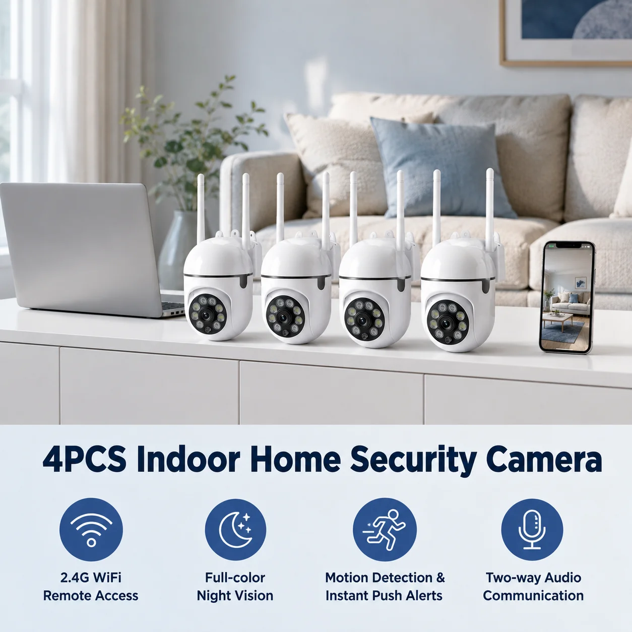 4PCS 1080P FHD 2.4G WiFi Indoor Security Camera, Easy Install Smart Home Monitor, Color Night Vision, Auto Tracking，2-Way Audio