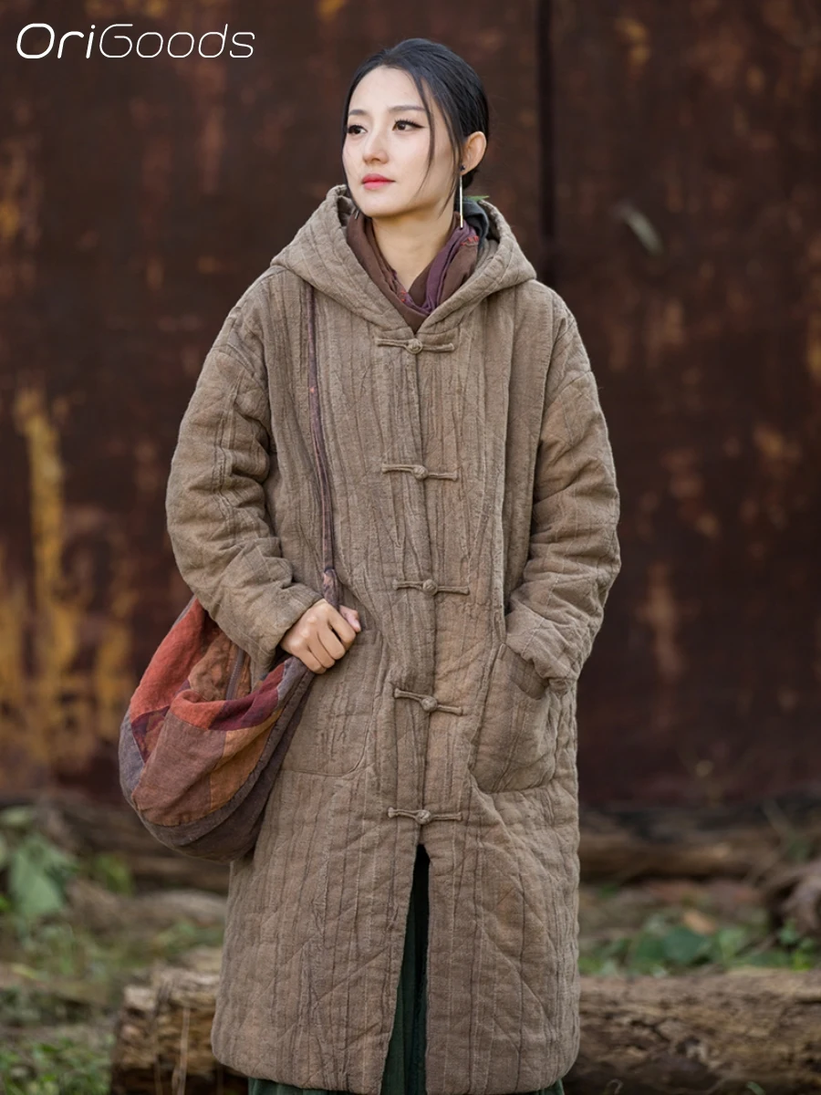 OriGoods Hooded Parka Jacket Woman Cotton Padded Winter Coat Long Warm Vintage Oversized Chinese Winter Clothes Outerwear B356