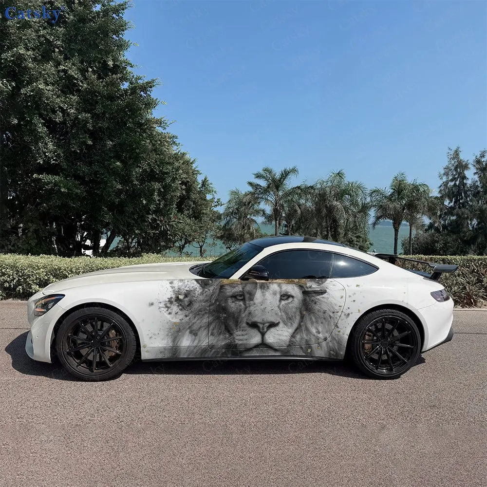 2pcs Accented Ink Wash Lion King Car Side Wraps, Self-Adhesive PVC Waterproof & Scratch-Resistant Stickers, Car Accessory Gift