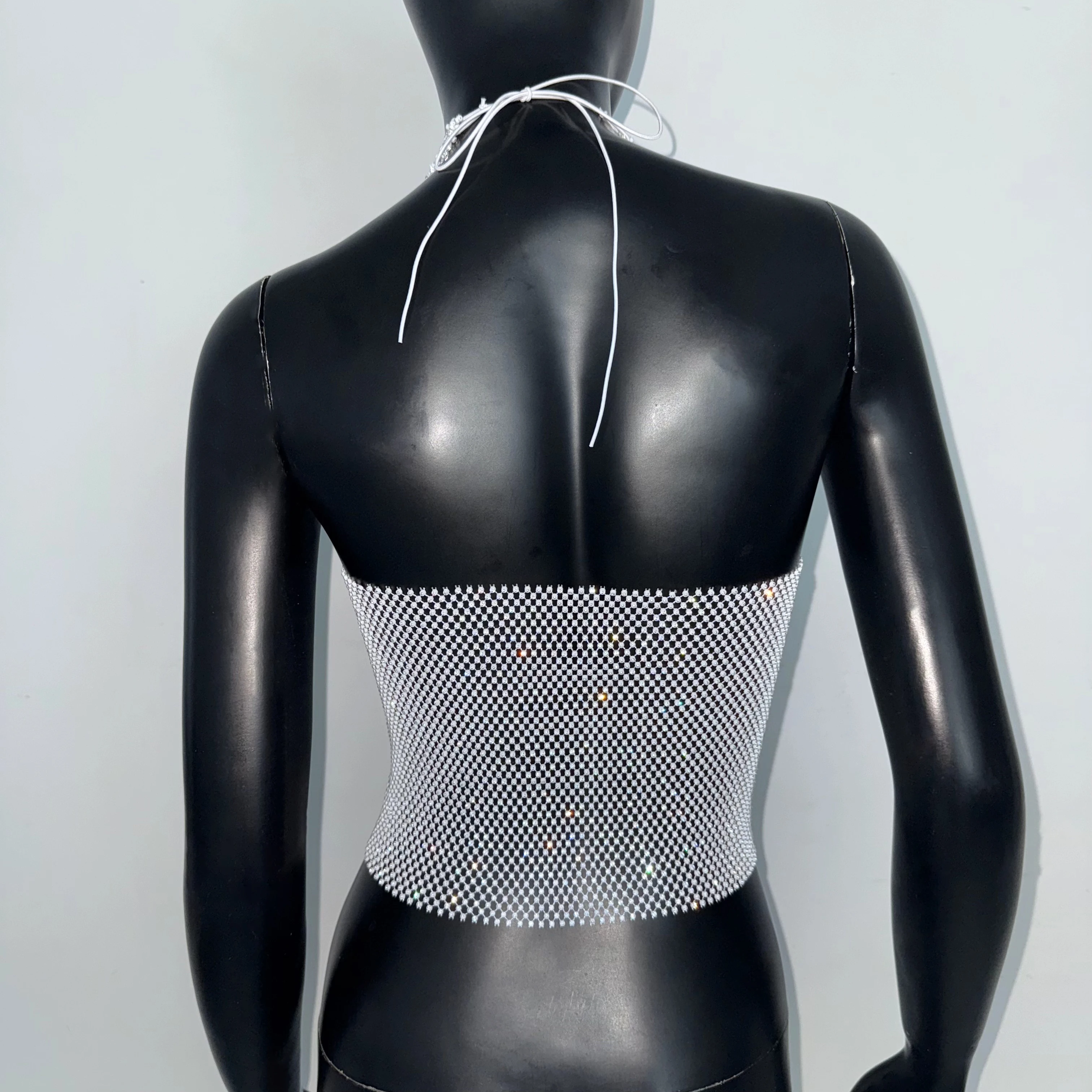 See Through Mesh Tank Top  Shiny Rhinestone Hollow Out Bandage Camisole Sexy V Neck Backless Nightclub Crop Top Women Party Top