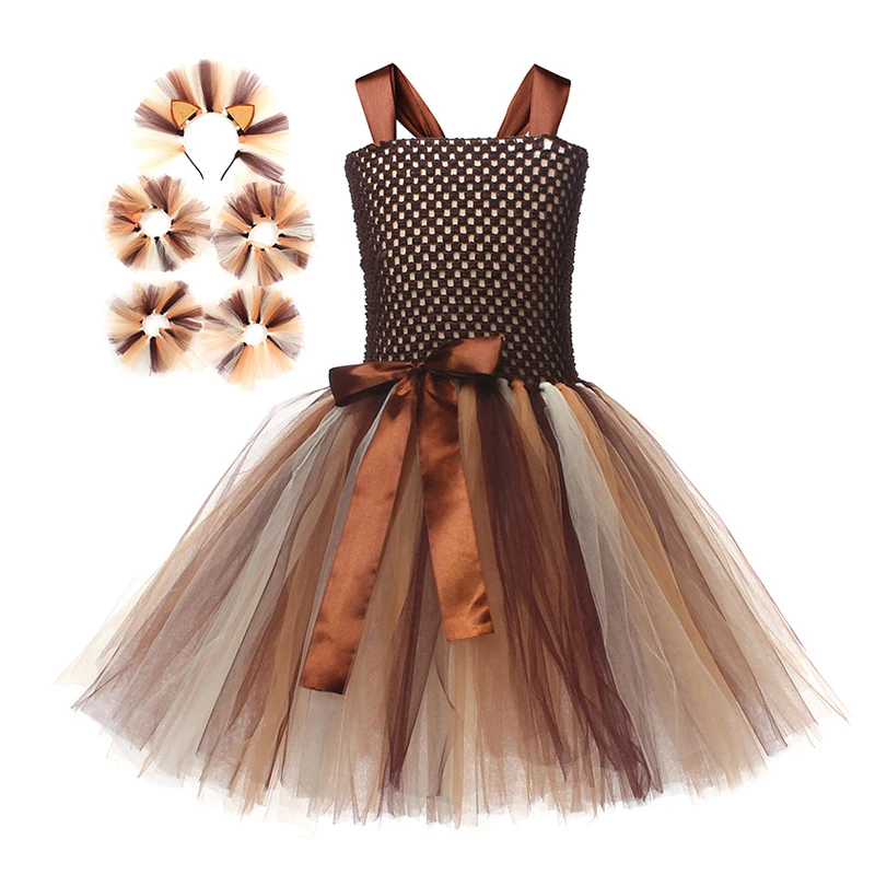 

Halloween Lion Costume for Girls Jungle Animal Dress with Cuffs Kids Animal Outfit for Christmas Party Princess Tutu Style