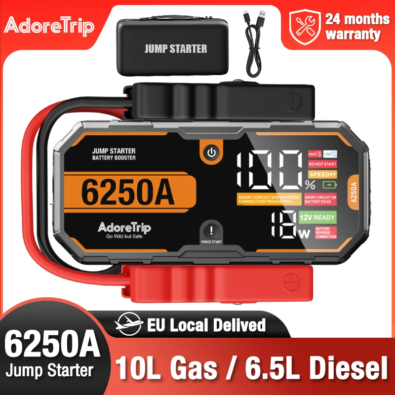 AdoreTrip 6250A Pro Hochleistungs-Auto-Starthilfe 12V Batterie-Booster Tragbare Powerbank für 10L Benzin 6,5L Diesel Offroad 4x4 Pickups SUVs 2 Jahre Garantie