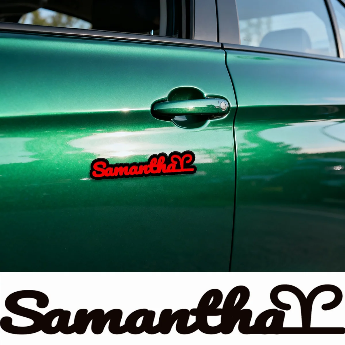 Trendy Samantha Cursive Font Acrylic Car Sticker with Tail Swirl Design, 3D Effect, for Car Fender Trunk DIY  Personalized Gifts