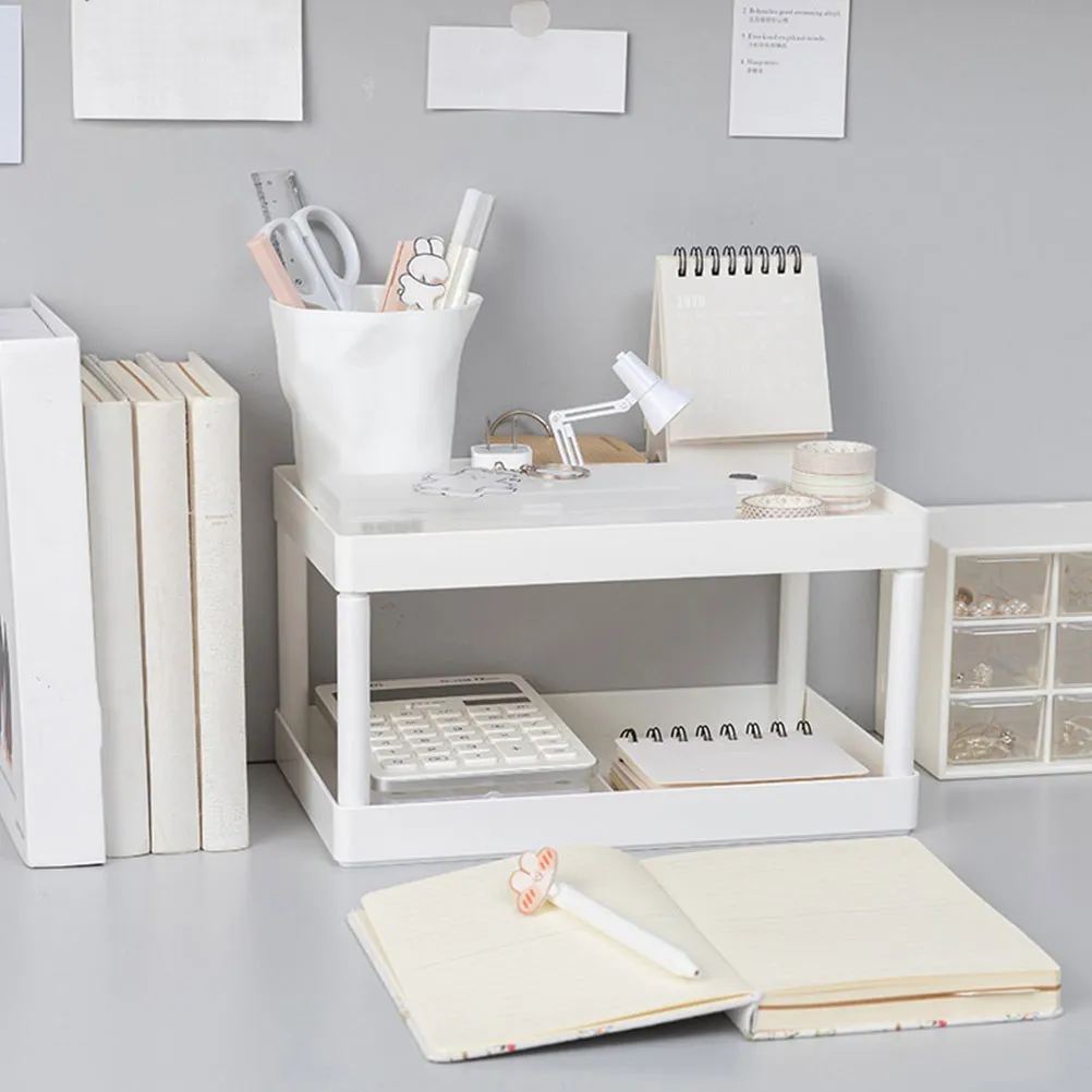 1Pcs Storage Rack White Double Layer Shelf Simple Desktop Organizer Stationery Sundries Holder Home Office Storage Stand