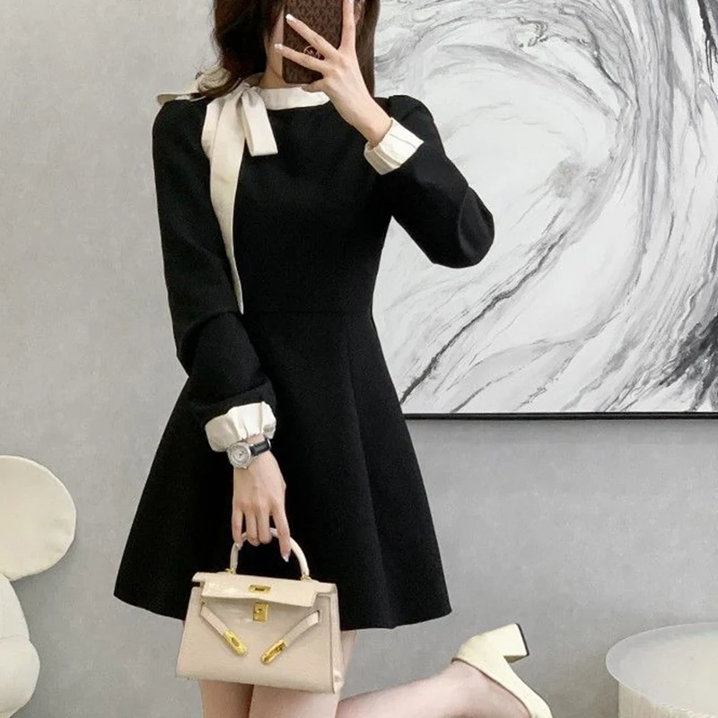 2024 Hot Sale Women Chic Elegant Formal Occasion Mid-Length Dress Autumn Lady Korean Style Designer Bowknots Long Sleeves Dress