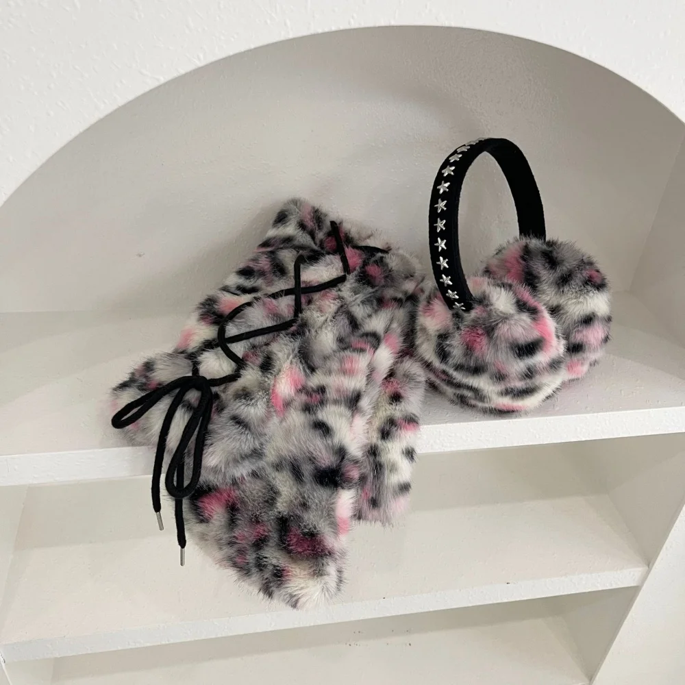 Y2K Leopard Faux Fur Accessories Set Star Earmuffs Lace-up Scarf Plush Leg Warmers Gothic Harajuku Warm Neck Warmer Leg Covers