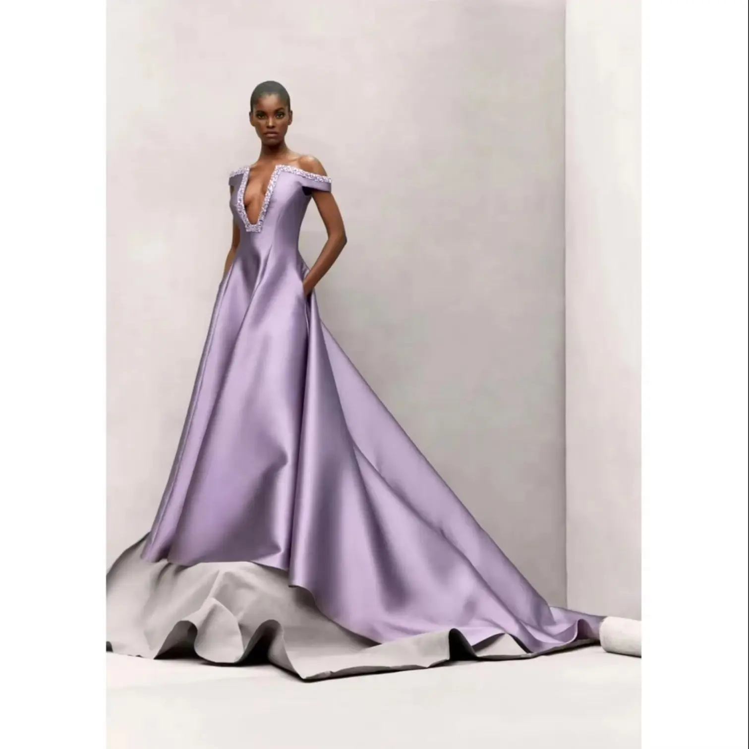 Shiny Satin Long Prom Gown Off-Shoulder A-Line Maxi Dress Beads Pockets Sexy Neckline Pretty Lilac Women's Personalized Dress
