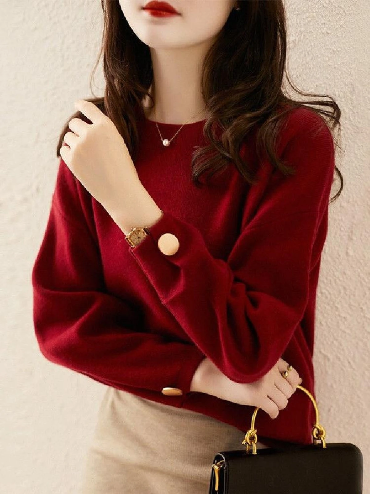 

Женский вязаный длинный свек свободного кроя с верхом, красный осенне-зимний новый универсальный круглый свитер Ne