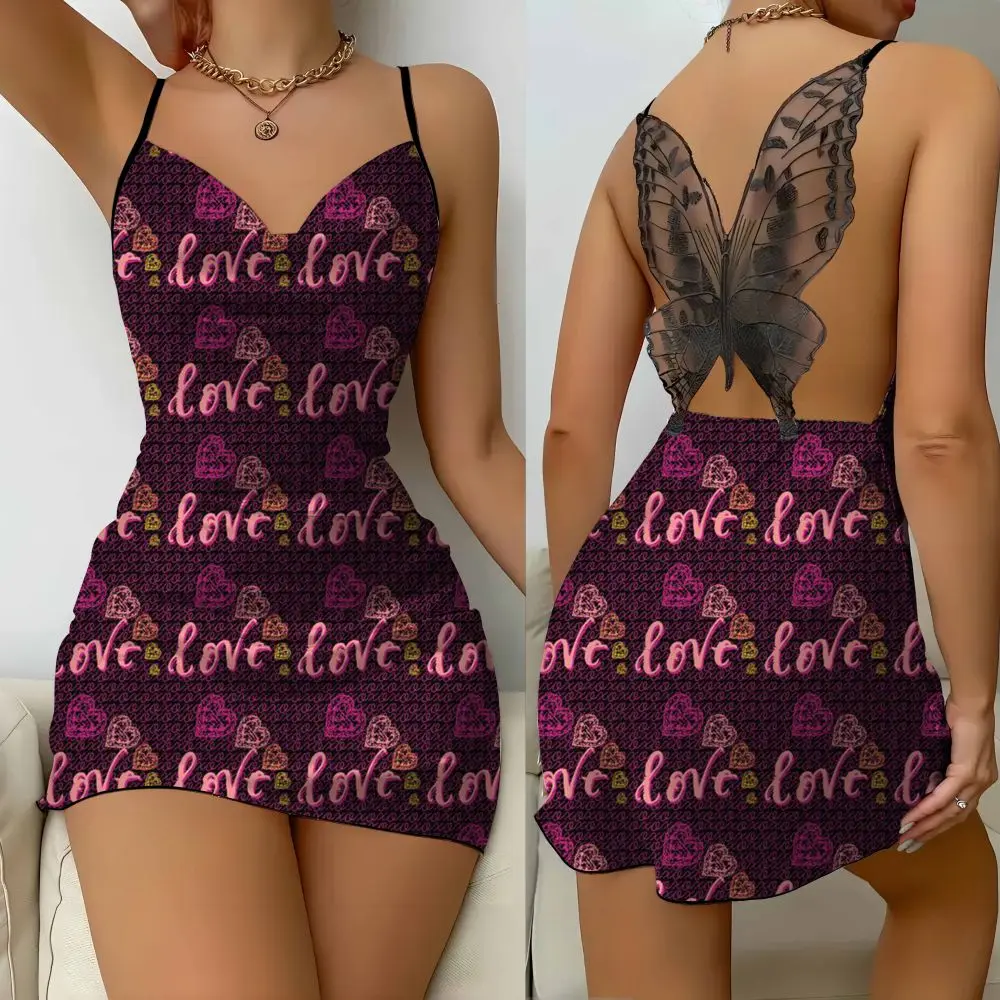 2024 3D Love Letter Print sexy Tight Mini dress Backless women's dress Silk-face Party Dress Dress Butterfly decorated lazy pyja