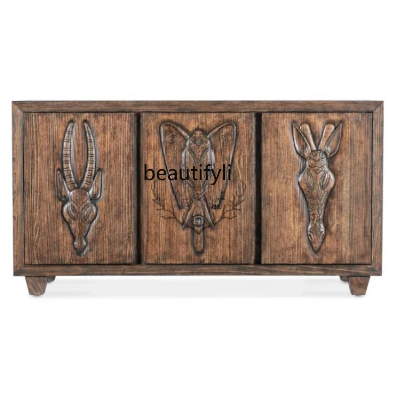 

American country, animal TV cabinet retro and old solid wood dining side locker, entrance cabinet