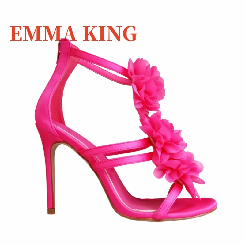 زهرة ديكور الساتان صنادل عالية الكعب الصيف المرأة الخناجر صنادل طراز جلاديتور موضة عودة زيبر فستان الحفلات أحذية 44 #4