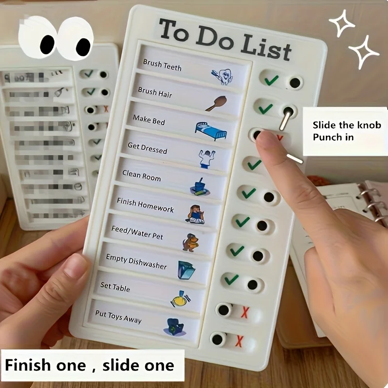 Tabla de tareas con lista de tareas para niños, lista de verificación con perilla deslizante para rutina diaria de niños, tablero de horario visual para niños pequeños, educativo