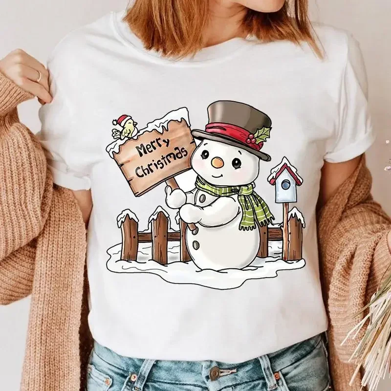 

Cute Snowman Merry Christmas Women's T-shirt Cartoon Pattern Printed Black T-shirt 90s Fashion Girls Christmas Gift Top Y2K Top