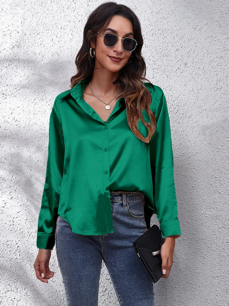 Women Shirts Satin Imitation Silk Long Sleeve Top Elegant Temperament Female Clothing Solid Color Fashion Woman Blouses 2026