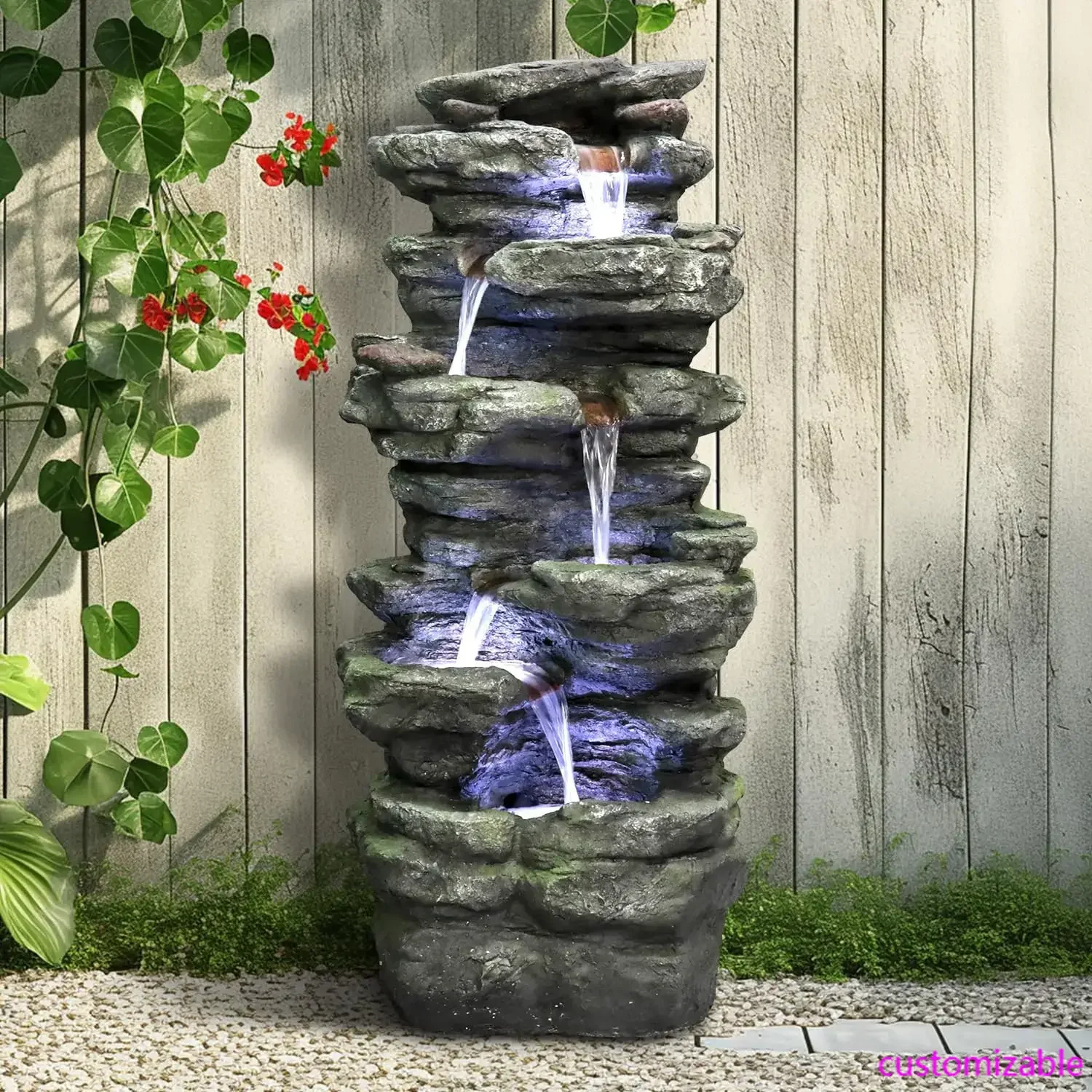 

New Product 40" High 6-Tiers Cascading Rock Outdoor Water Fountain with LED Lights - Large Outdoor Fountains and Waterfalls