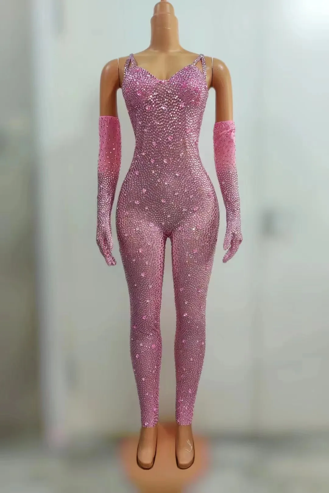 Luxurious Rhinestones Jumpsuit Gloves Women Evening Party Birthday Outfit Sexy Stage Mesh Performance Dance Costume Stage Wear