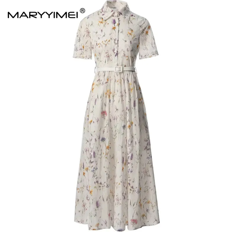 MARYYIMEI Spring Summer Women\'s Dress Cotton Turn-Down Collar Short-Sleeved Single-Breasted Print Lace-UP Holiday Dresses