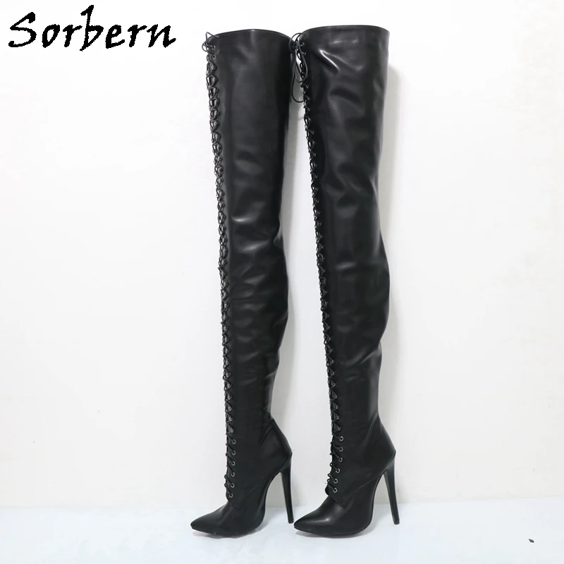 

Sorbern Black Matte Crotch Thigh High Women Boots Long Pointed Toe Shoes 15Cm High Heel Stilettos Lace Up Winter Style Boot