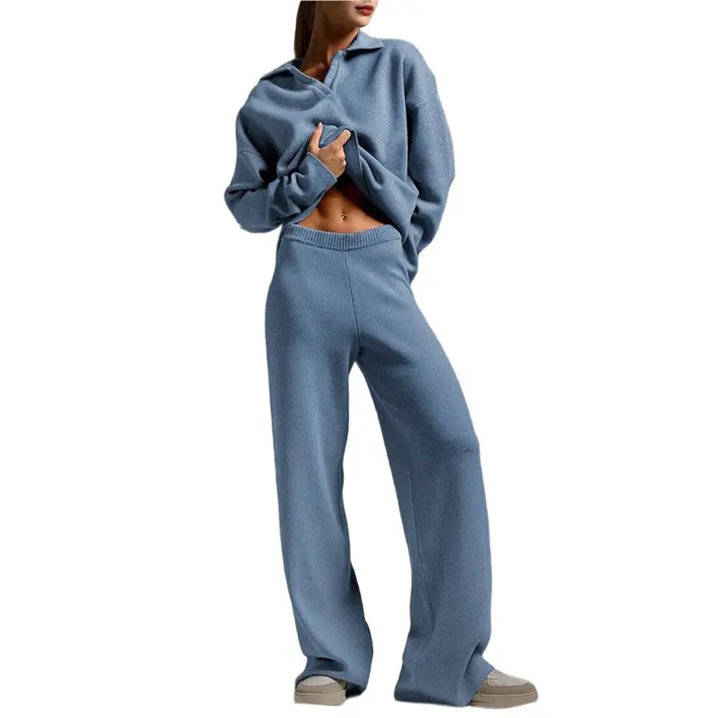 

ABRT-Women's 2 Piece Outfits Sweater Set Wide Leg Pants V-Neck Sweatsuit Loungewear Haze Blue M