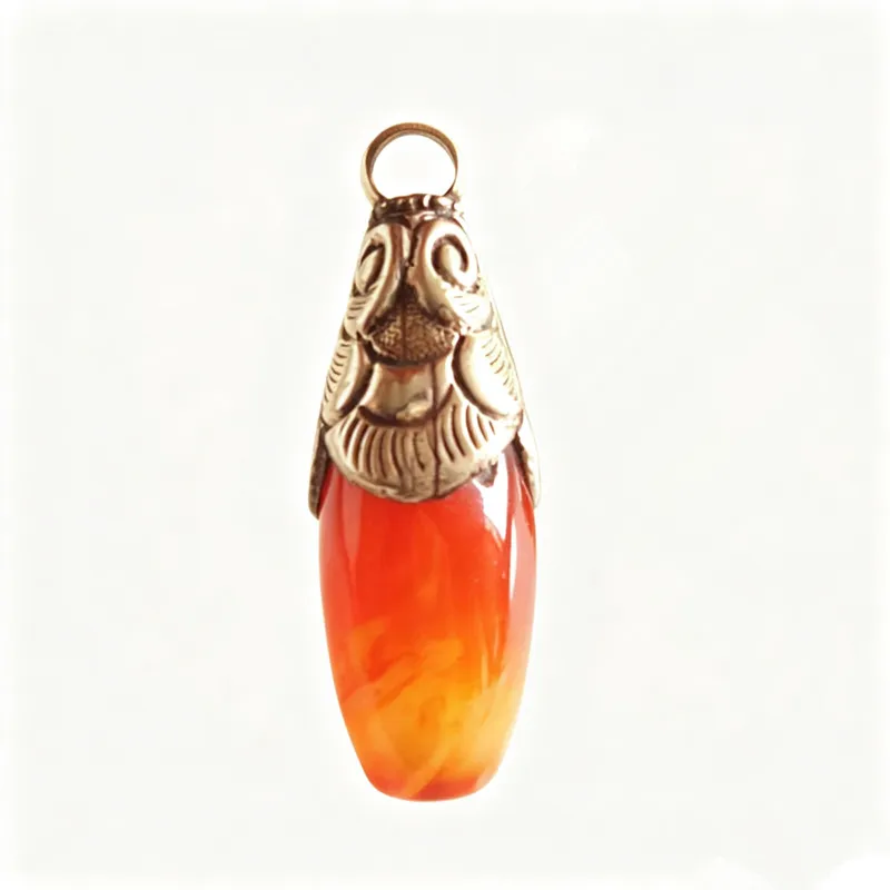 Long Shuttle Red Agate beads White Metal Copper Capped Pendants Vintage Jewelry TBP399
